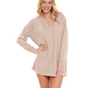 ADR Women's Pajamas Set, Soft Ribbed Knit Waffle Oversized Sleep Shirt, V-neck Nightshirt Sweater Top - 1 of 4