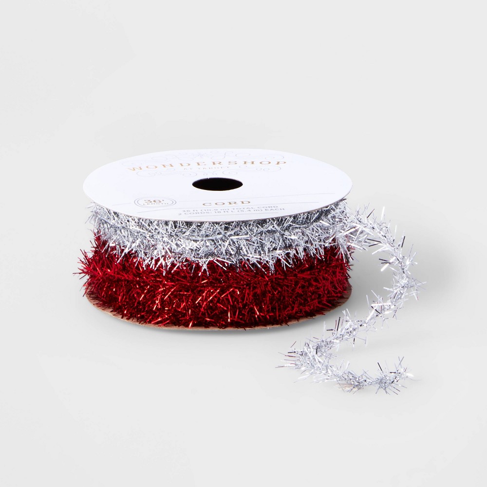 2ct Tinsel Ribbon Silver/Red 36ft - Wondershop (Assorted Styles)