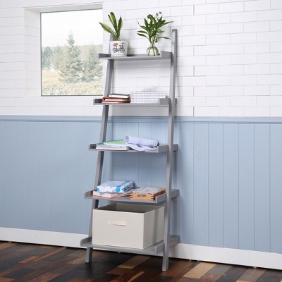 5-Tier Leaning Ladder Book Shelf, Wall Mounted Storage Rack With Open Shelves, Modern Display Rack