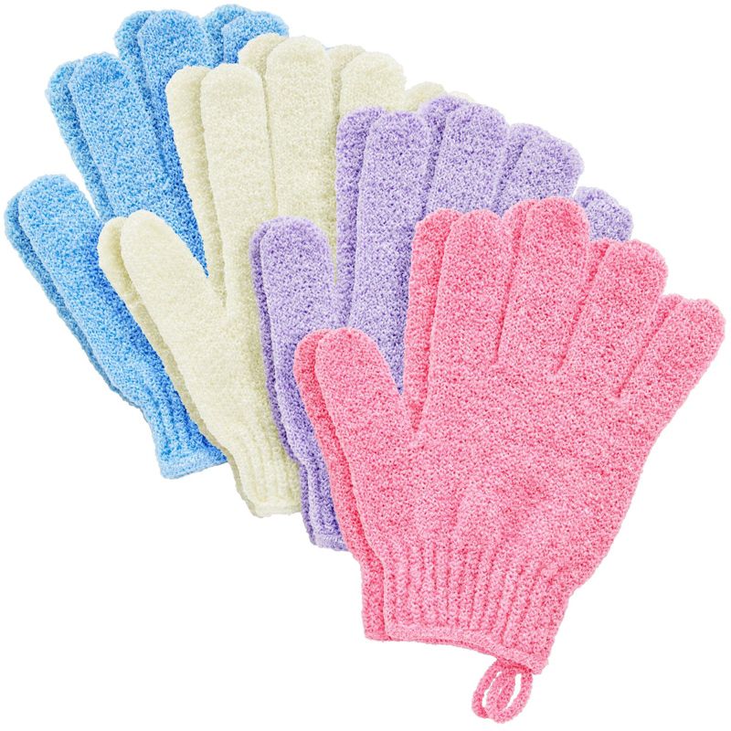 Juvale 4 Pairs Body Exfoliating Gloves for Shower, Bath Scrub Wash Mitt for Women, Men, Spa, Massage (Pink, Purple, Blue, Beige), 1 of 9
