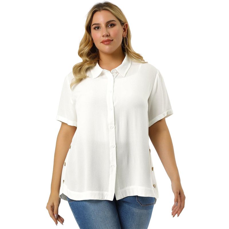 Agnes Orinda Women's Plus Size Relaxed Fit Semi-Sheer Button Front Side Slit Roll Up Sleeve Shirt, 3 of 7