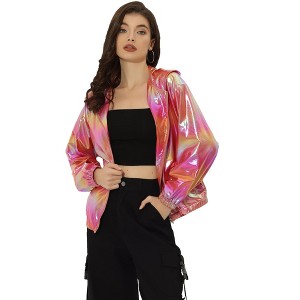 INSPIRE CHIC Women's Holographic Shiny Long Sleeve Zipper Hooded Metallic Jacket - 1 of 4
