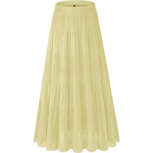 Women's 2025 Boho Chiffon Maxi Skirt - Flowy Pleated A-Line Long Skirt with Elastic Waist Lemon Grass-77 - 1 of 4