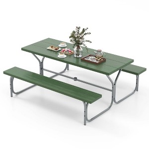 Costway 6 FT Picnic Table Bench Set Outdoor Dining Table & 2 Benches with Metal Frame Green/White/Black/Grey - 1 of 4