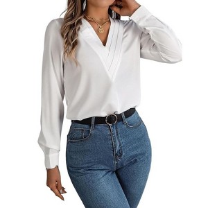 Coolmee Womens V Neck Long Sleeve Tops Dressy Casual Fall Shirts Puff Sleeve Loose Tunic Trendy Tops Blouses - 1 of 4