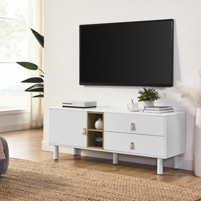 GreenEver Drawer TV Cabinet with Door, Wooden Storage Cabinet, Modern TV Stand with Leather Handle Drawers for Home Storage