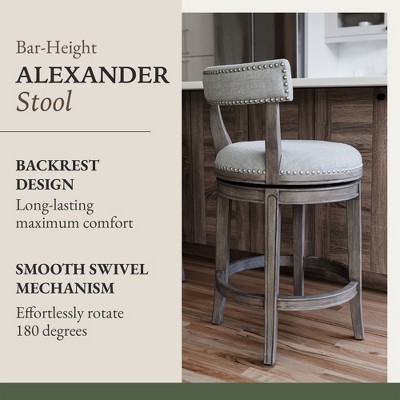 Alexander Reclaimed Oak Swivel Bar Stool with Ash Grey Upholstery