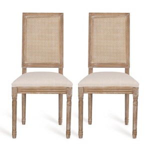 GDFStudio Brownell French Country Fabric Upholstered Wood and Cane Dining Chairs (Set of 2) - 1 of 4