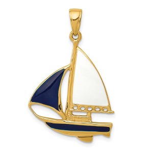 Black Bow Jewelry 14k Yellow Gold, Blue and White Enameled 2D Sailboat Pendant - 1 of 4