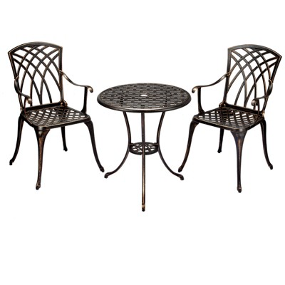 3 Piece Patio Bistro Set Cast Aluminum with Umbrella Hole & Adjustable Feet – Black Table and Chairs for Balcony, Backyard, Garden, Bronze