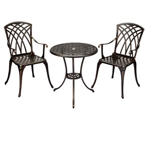 3 Piece Patio Bistro Set Cast Aluminum with Umbrella Hole & Adjustable Feet – Black Table and Chairs for Balcony, Backyard, Garden, Bronze - 1 of 4