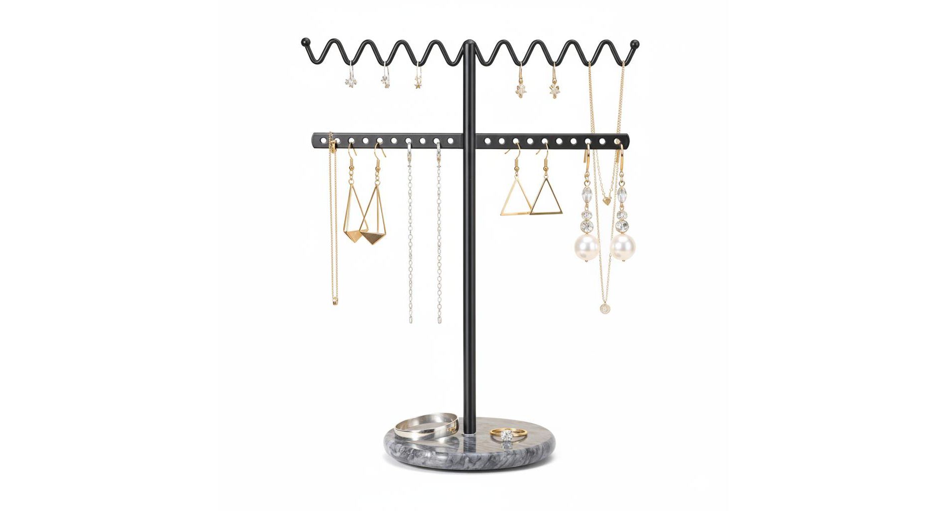 FAAYFIAN Standing Jewelry Organizer Necklace Holder with Wavy Bar and Earring Hooks, Metal Stand with Marble Base