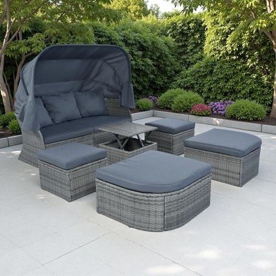 6-Pieces Outdoor Patio Rattan Round Daybed Sunbed Set with Retractable Canopy and Lift Table