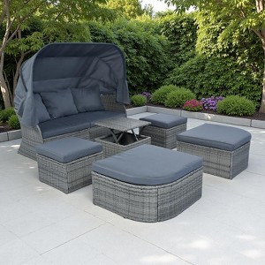 6-Pieces Outdoor Patio Rattan Round Daybed Sunbed Set with Retractable Canopy and Lift Table - 1 of 4