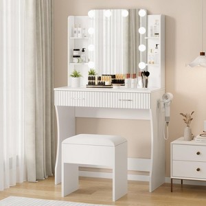 Makeup Vanity Desk with Mirror and 12 LED Lights, Vanity Table with Power Outlet, 2 Drawers 6 Shelves, Hair Dryer Holder & Stool - 1 of 4
