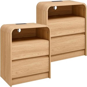 SinCiDo Set of 2 Nightstands, 25" Tall Modern Wood Bedside Table w/2 Drawers & Charging Station, Curved Profile, for Bedroom, Living Room - 1 of 4