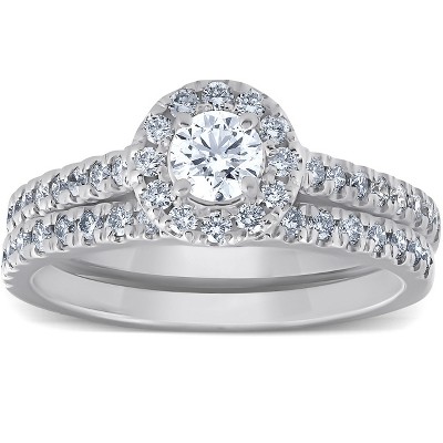 Pompeii3 1Ct Halo Round Lab Created Diamond Engagement Matching Wedding Ring Set White Gold
