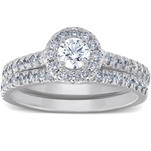 Pompeii3 1Ct Halo Round Lab Created Diamond Engagement Matching Wedding Ring Set White Gold - 1 of 4