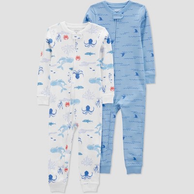 Image of Carter's Just One You®️ Toddler Boys' 2pk Waves and Sea Creatures Snug Fit Footed Pajama - Blue/White 18M
