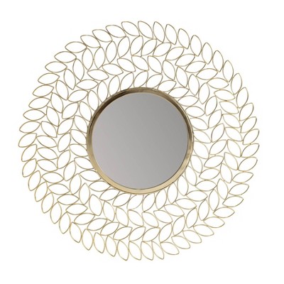 Brewster Damon Leaf Wall Mirror Gold : 28" Round, Modern Style, Metal Frame, No Assembly Required