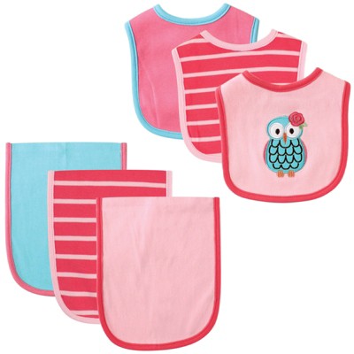 Hudson Baby Infant Girl Cotton Bib and Burp Cloth Set 6pk, Owl, One Size