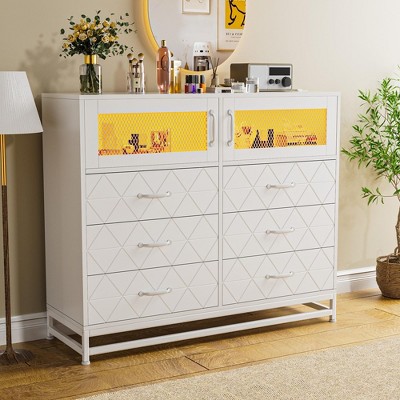 Dresser for Bedroom with LED Lights and Charging Station, 6 Drawer Double Dresser with 2 Shelves