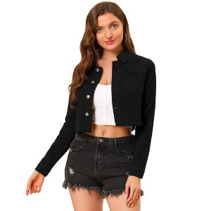 Allegra K Women's Turn Down Frayed Button Down Washed Cropped Denim Jacket - 1 of 4