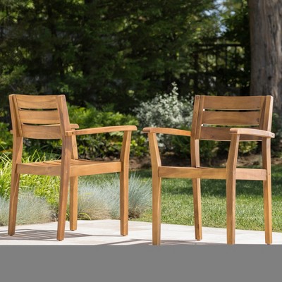 VASIP Outdoor Acacia Dining Chairs, Weathered Wood Chairs, Set of 2, Slatted Seat and One Open Back for Kitchen Patio Backyard Deck