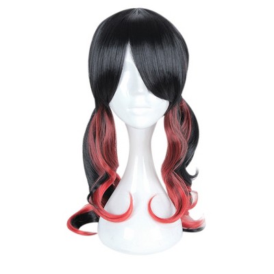 Unique Bargains Women's Halloween Curly Wigs 24" Black Red with Wig Cap
