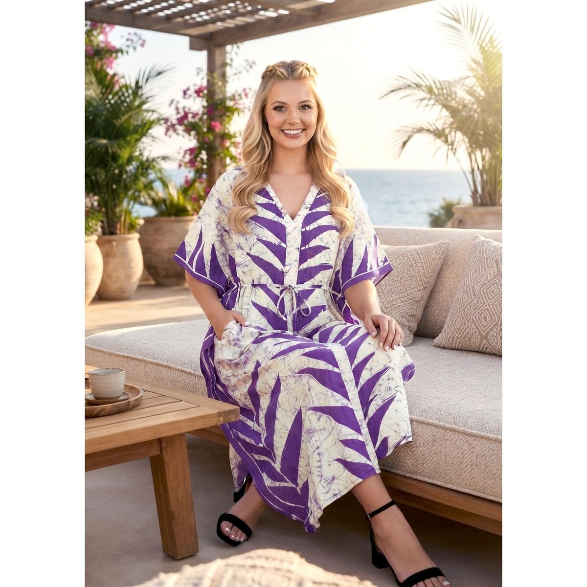 LA LEELA Summer Cotton Comfortable Caftan Dress for Women Resortwear Vacation Cruise Holiday Lounge Wear 2X-3X Purple Leaf - thumbnail 4
