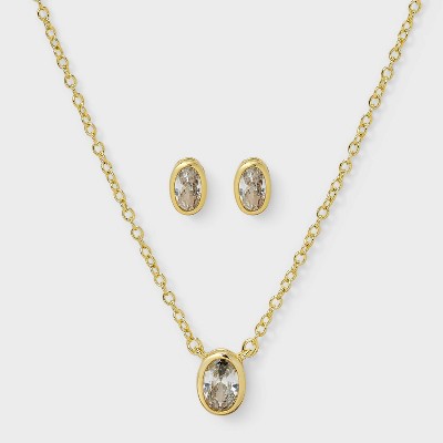 14K Gold Dipped Cubic Zirconia Oval Necklace and Stud Earring Set 2pc - A New Day™ Gold
