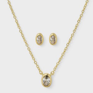 14K Gold Dipped Cubic Zirconia Oval Necklace and Stud Earring Set 2pc - A New Day™ Gold - 1 of 4