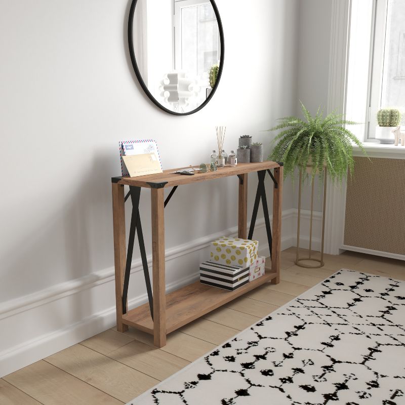 Flash Furniture Wyatt Modern Farmhouse Wooden 2 Tier Console Entry Table with Metal Corner Accents and Cross Bracing, 3 of 12