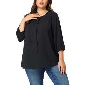 Agnes Orinda Women's Plus Size Chiffon Tie Round Neck  3/4 Sleeve Elegant Work Blouses - 1 of 4