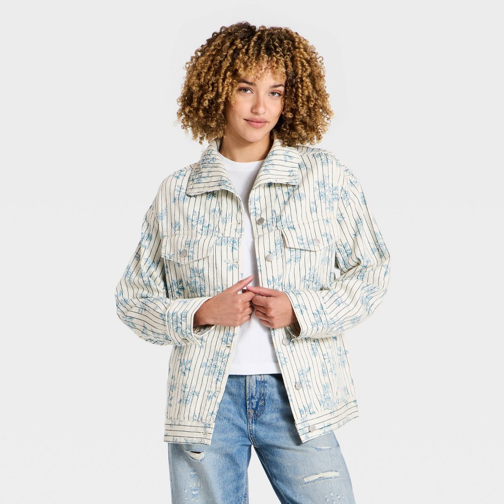 Women's Oversized Floral Striped Denim Jacket - Universal Thread™ L