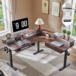 SinCiDo 60" L-Shaped Electric Standing Desk, Height Adjustable Corner Gaming Desk w/ Power Outlets, LED Lighting & 2 Drawers - 1 of 4