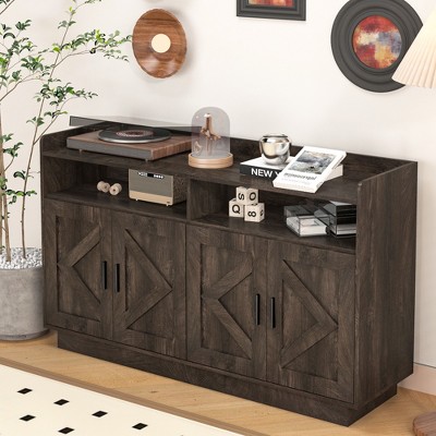 TiramisuBest Modern Farmhouse Storage Cabinet with Adjustable Shelves & Carved Door Panels,Rustic Solid Wood Sideboard for Dining Room,Living Room