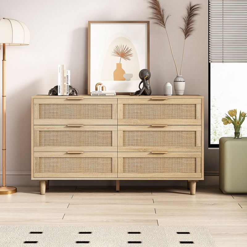 6-Drawer Rattan Dresser for Living Room and Bedroom Re, Natural - ModernLuxe, 2 of 11