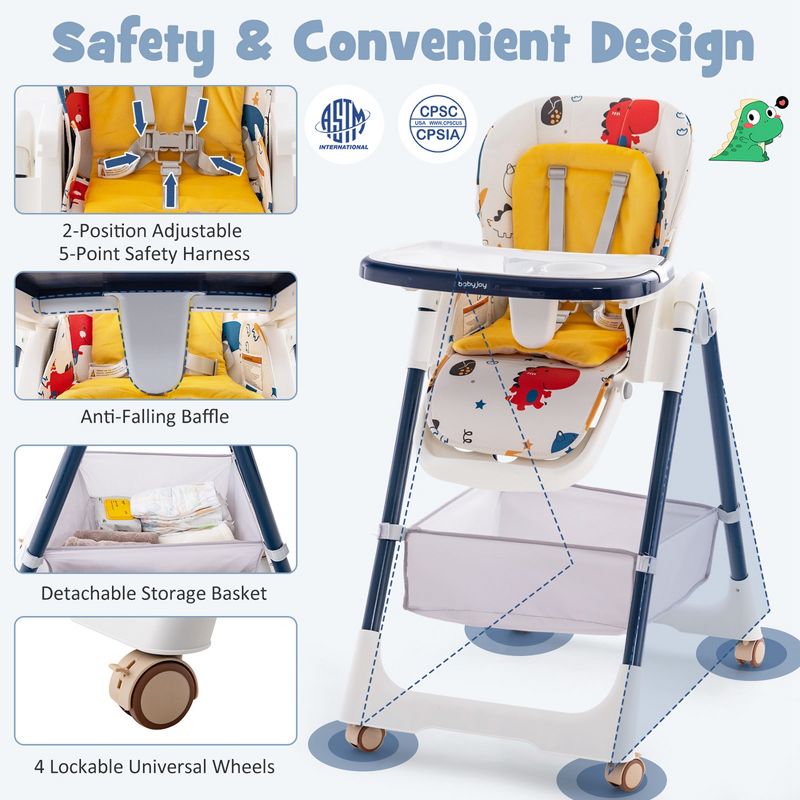 Babyjoy Folding High Chair Convertible Height Adjustable Baby Feeding Chair with Removable Tray Beige/Grey/Pink/Yellow/Dark Grey, 3 of 11