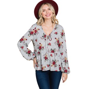 Slickblue Women's Floral Babydoll Top with Elastic Cuff Sleeves - Grey Red Hacci Knit, Size S-L - 1 of 4