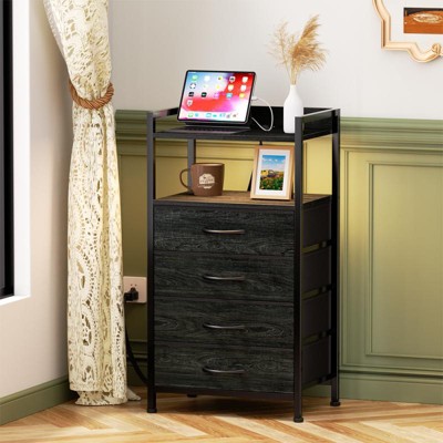 Furnulem Tall Nightstand with Charging Station and Drawers, Bedside Table with 4/5 Fabric Drawers, LED Lights and 2 Storage Shelves