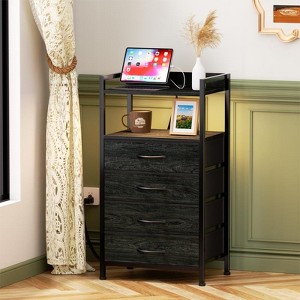 Furnulem Tall Nightstand with Charging Station and Drawers, Bedside Table with 4/5 Fabric Drawers, LED Lights and 2 Storage Shelves - 1 of 4