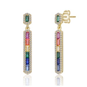 Guili Sterling Silver 14k Gold Plated Rainbow & White Cubic Zirconia Linear Dangle Earrings – Elegant, Sparkling Design, Perfect for Special Occasions - 1 of 2