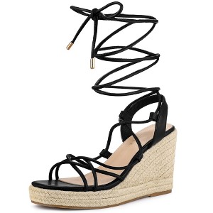 Allegra K Women's Square Toe Lace Up Platform Espadrilles Wedge Heel Sandals - 1 of 4