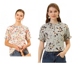 Allegra K Women's Short Sleeve Ruffled Floral Mock Neck Summer Top 2 Pcs - 1 of 4