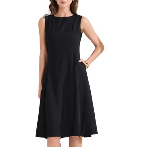 Женские платья INSPIRE CHIC Women's Work Crew Neck Sleeveless with Pockets A-Line Midi Tank Dress Black X-Small