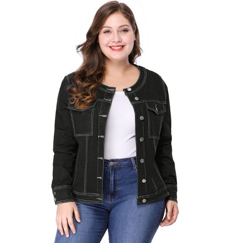Agnes Orinda Women\'s Plus Size Long Sleeves Collarless Denim Jacket Black  2x : Target