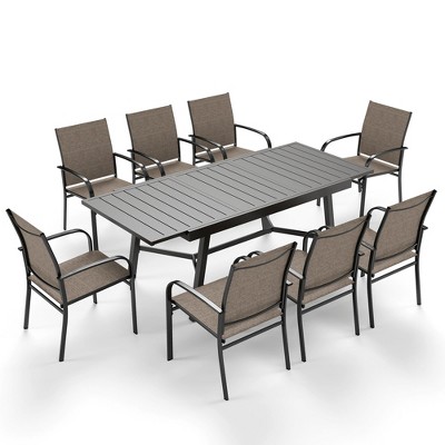 Captiva Designs 9pc Patio Slat-top Adjustable Steel Rectangle Table & Textilene Chairs