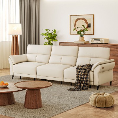 ATJafurn Full Grain Leather Power Reclining Sofa Couch with Dual Motor, White Modern 3 Seat Recliner Sectional Sofa with Console and USB Ports