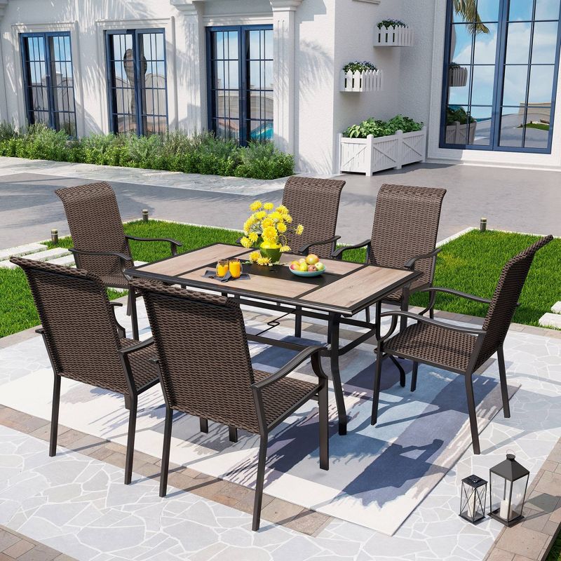 7pc Patio Dining Set with Rattan Arm Chairs &#38; Rectangle Steel Frame &#38; Faux Wood Tabletop - Captiva Designs, 1 of 9